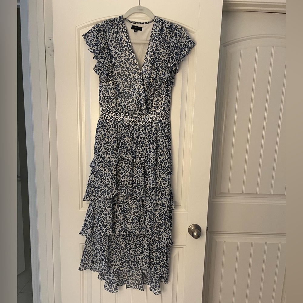 Halogen Blue and White Floral  Print Ruffle Dress